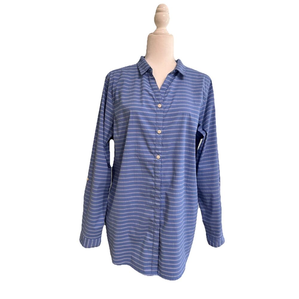 LLBean Button Front Tunic Shirt Womens XL Blue Striped Roll Tab Sleeve Pockets